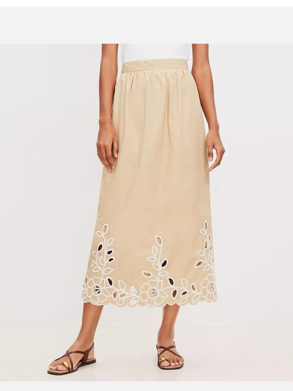 LOFT Tan Maxi Skirt with White Floral Embroidery